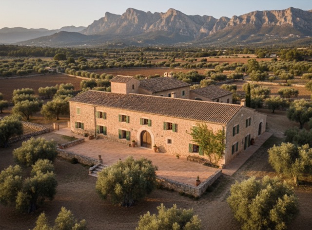 Traditional Mallorcan finca estate with expansive land showing privacy through geographical isolation in Tramuntana landscape