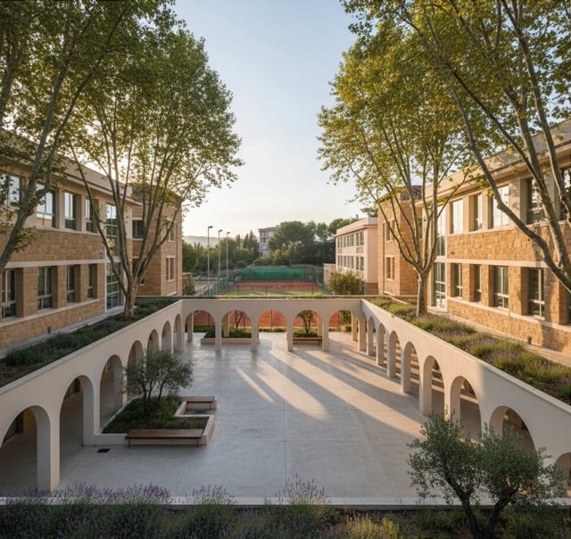 Modern Barcelona international school campus with covered walkways, mature trees, and sports facilities representing premium educational facilities for HNWI families
