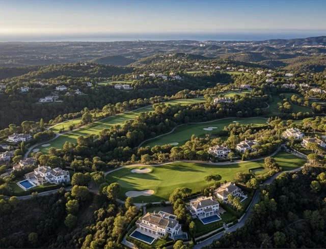 Aerial view of La Zagaleta estate showing two golf courses, scattered luxury villas, and 900 hectares of private countryside near Marbella