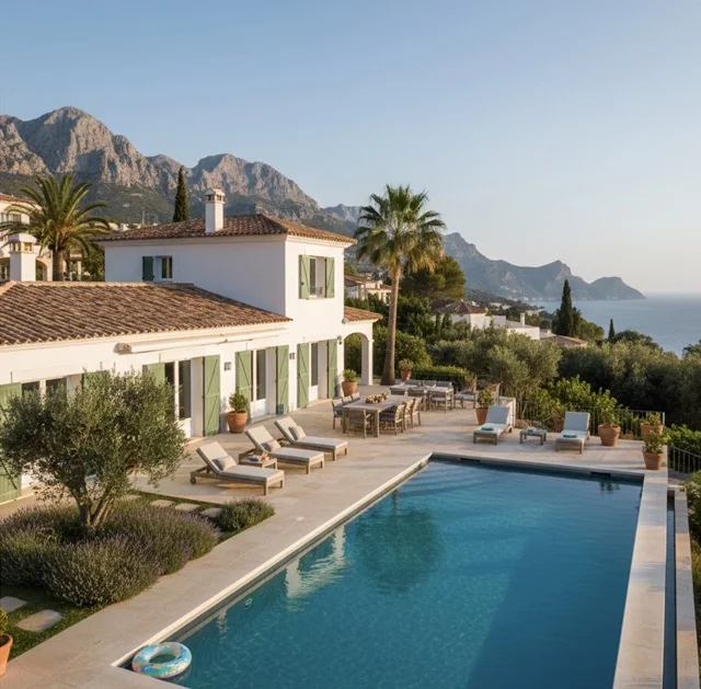 Southwest Mallorca luxury family villa with pool, gardens, and Tramuntana mountain views showing established international residential lifestyle