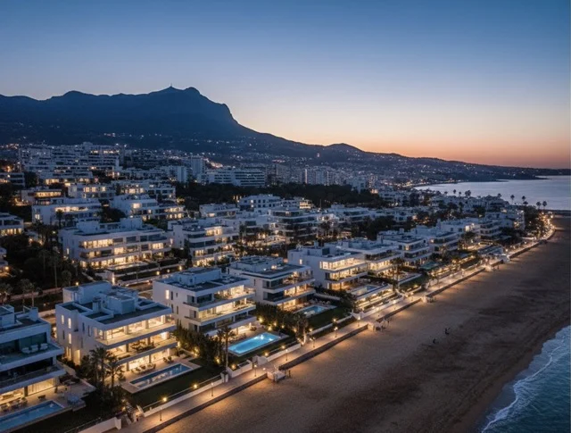 Marbella Golden Mile beachfront developments at twilight showing contemporary luxury properties with La Concha mountain backdrop