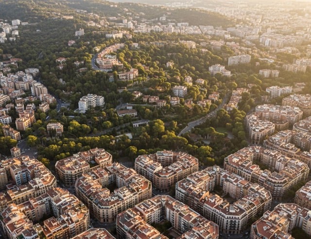 Aerial view of Barcelona showing transition from Eixample's dense Modernista grid to hillside villa districts of Sarrià and Pedralbes with distinct urban fabric patterns
