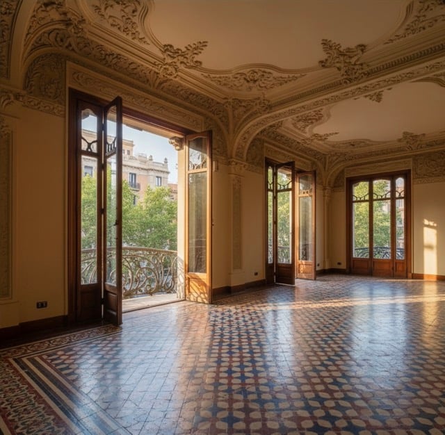 Interior of principal floor Modernista apartment on Passeig de Gràcia Barcelona showing original hydraulic floor tiles, ornate ceiling mouldings and wrought-iron balcony with natural afternoon light