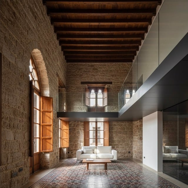 Restored Gothic Quarter palace apartment in Barcelona with exposed medieval stone walls, wooden beam ceiling, and contemporary glass mezzanine