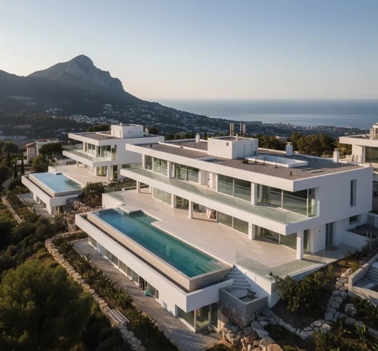 Contemporary luxury development under construction on Marbella hillside showing premium residential architecture with Mediterranean sea views