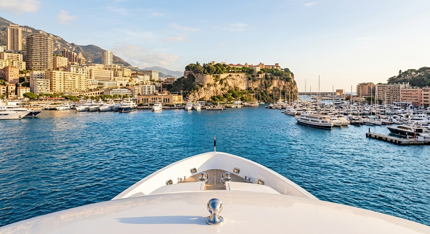 "Monaco harbour and Monte Carlo skyline viewed from the sea, Mediterranean luxury property destination for British buyers