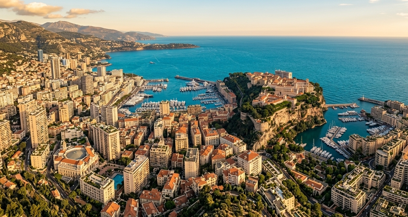 Monaco aerial view showing Monte Carlo, Larvotto, and Fontvieille districts