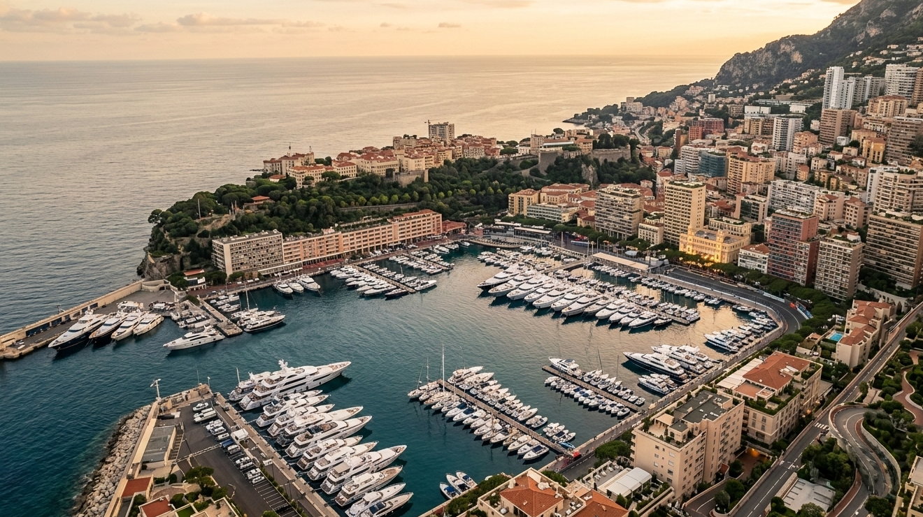 Aerial view of Monaco's harbour and Monte Carlo district with luxury high-rise apartments