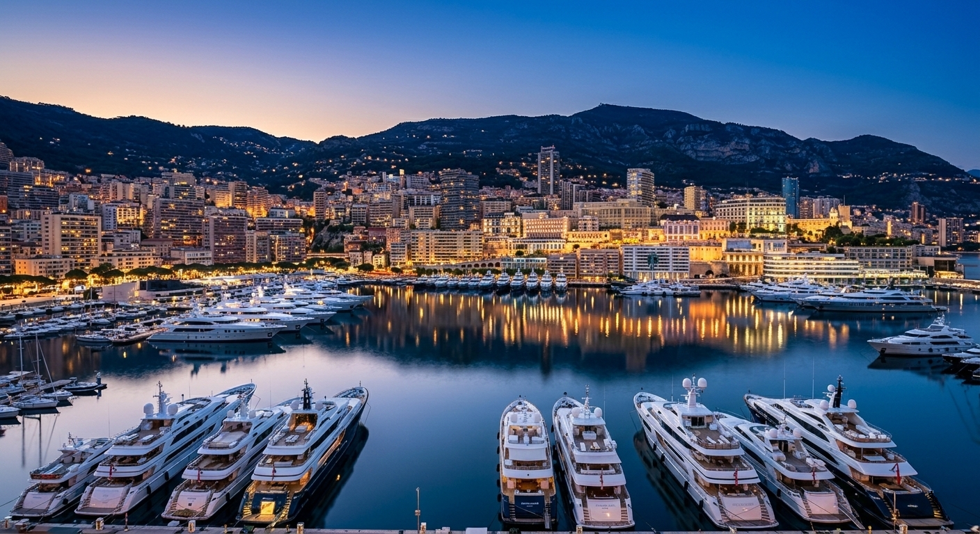 Monaco skyline and harbour showing luxury residential towers and marina