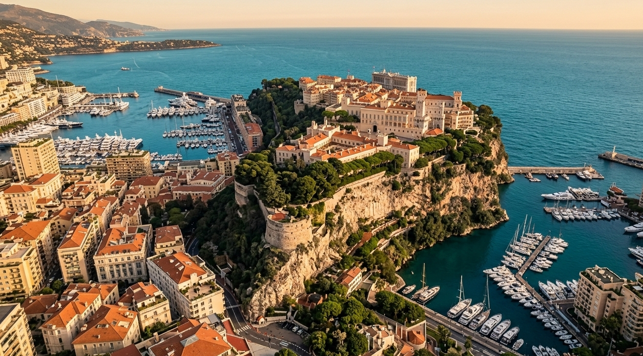 Monaco harbour and government buildings with Mediterranean coastline
