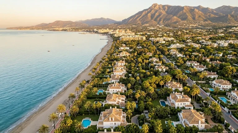 Marbella Golden Mile coastline with luxury villas and Mediterranean sea, gateway for Beckham Law property buyers