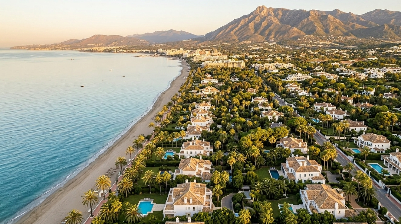 Marbella Golden Mile coastline with luxury villas and Mediterranean sea, gateway for Beckham Law property buyers