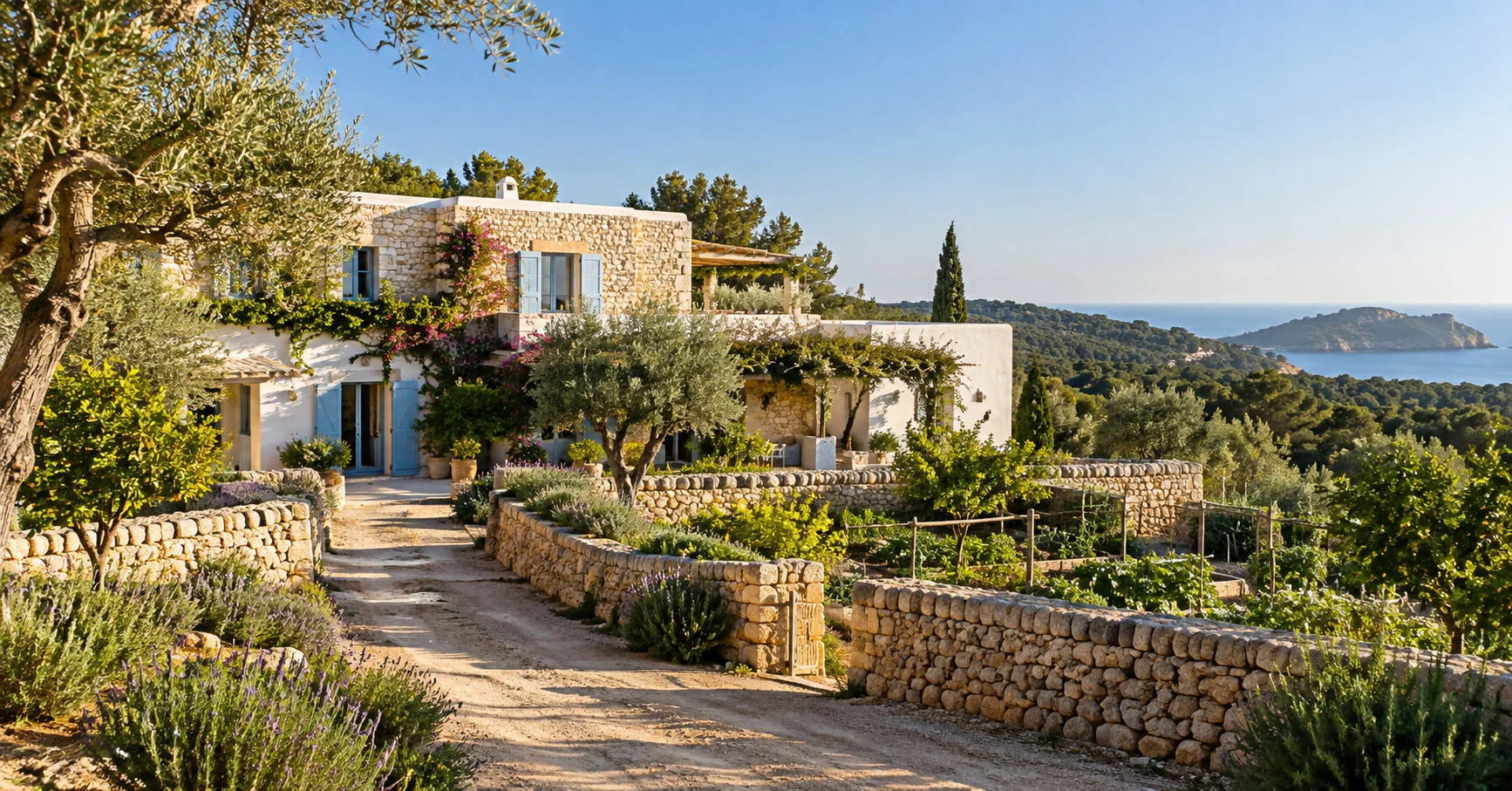 A restored Ibizan finca with blue shutters and a kitchen garden.