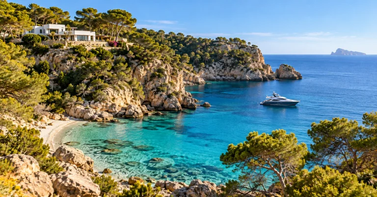 A turquoise Ibiza cove with a yacht at anchor and a villa on the headland.