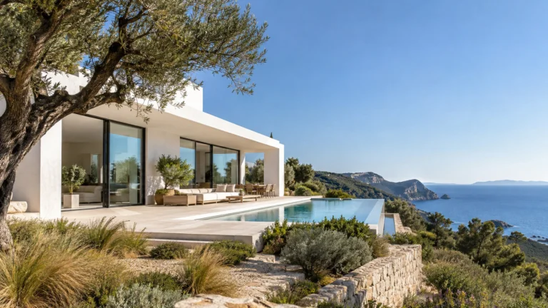A contemporary white villa with a minimalist garden on an Ibiza hillside.