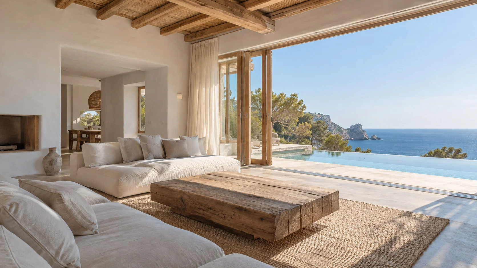 A pale, airy Ibizan living room opening onto a pool and the sea.