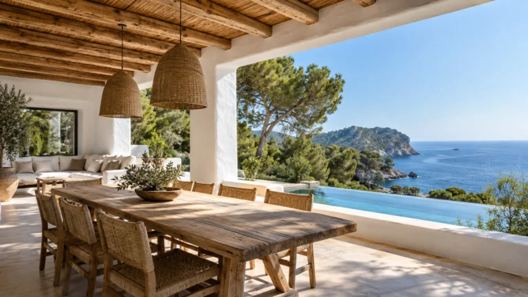 The covered terrace of an Ibizan villa with a sea view through pine trees.