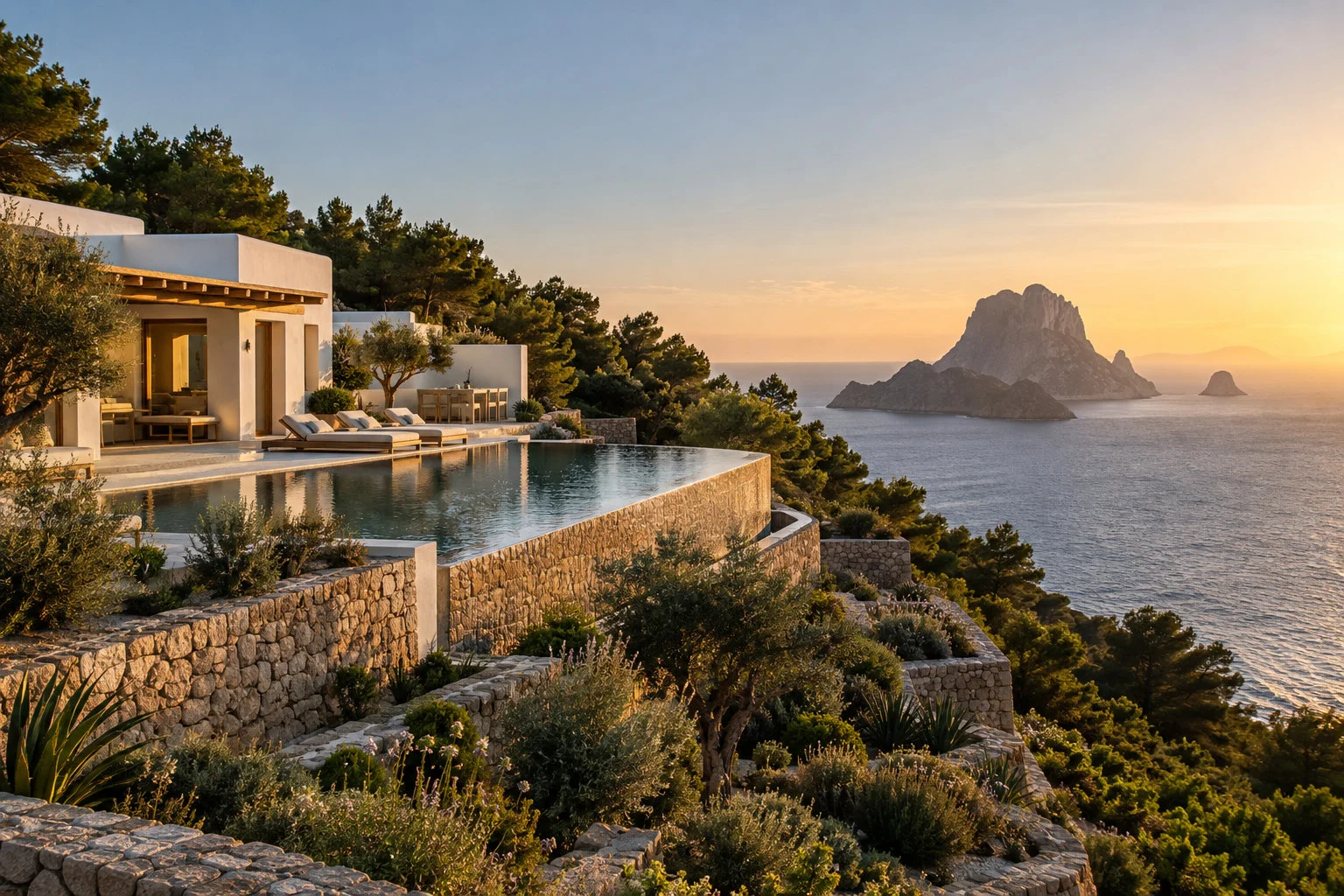 A whitewashed Ibizan villa with an infinity pool above the sea, Es Vedrà on the horizon