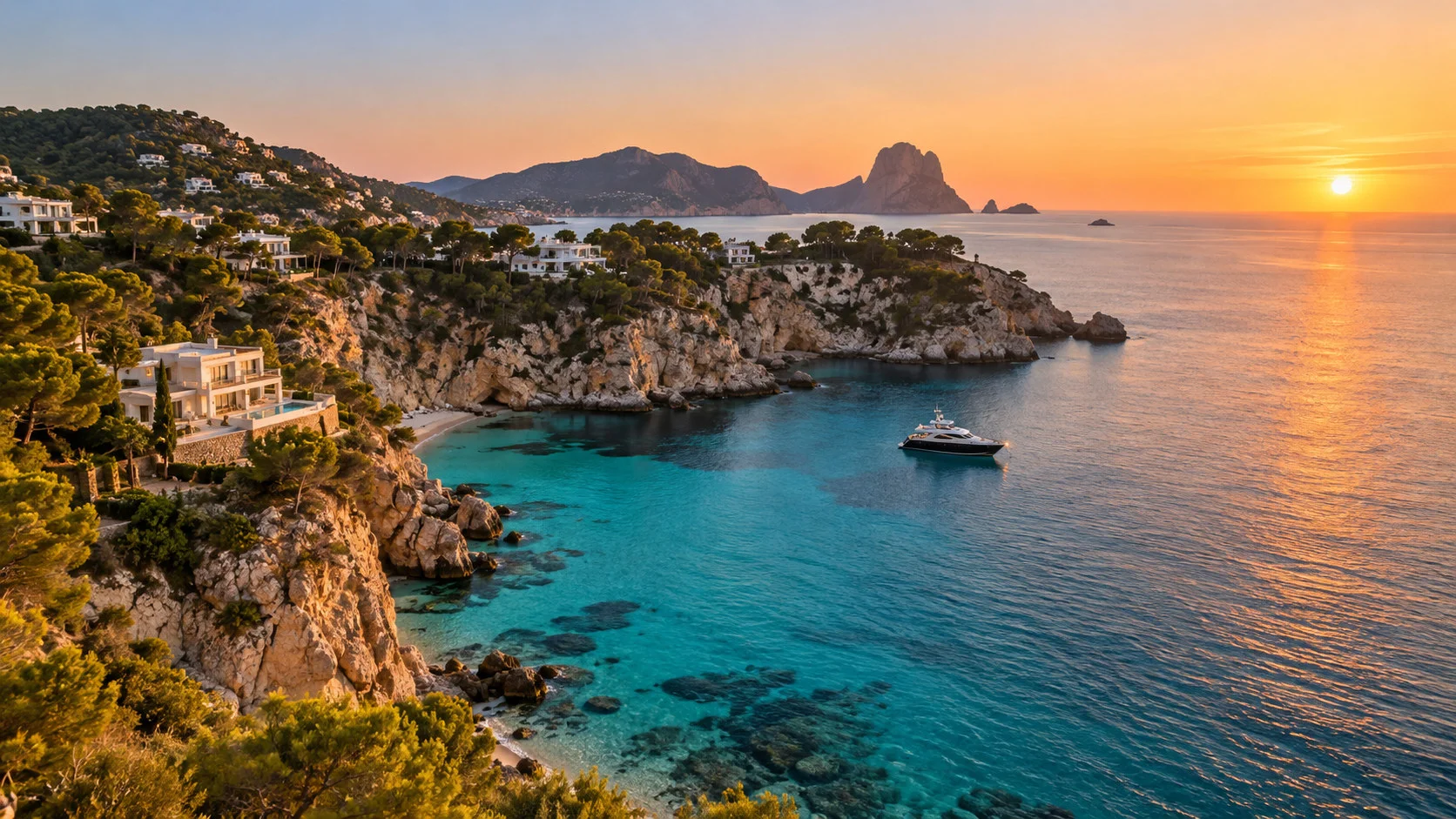 A Balearic cove at sunset with white villas among pine trees.