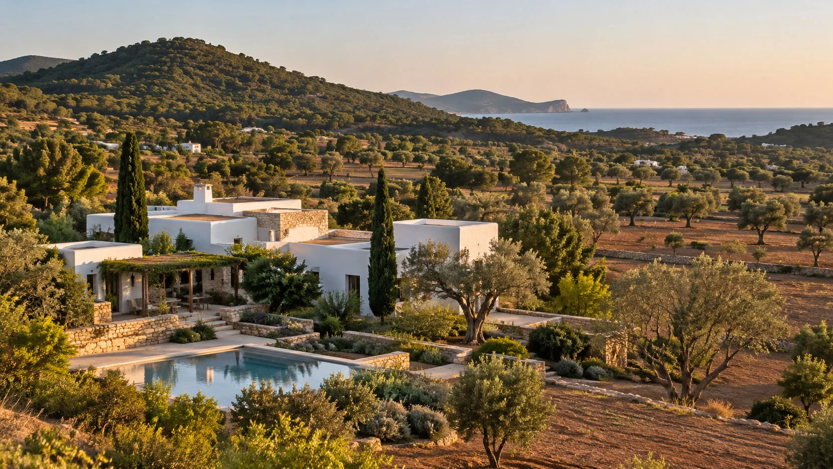 A white country estate among olive and almond trees in Ibiza’s interior.