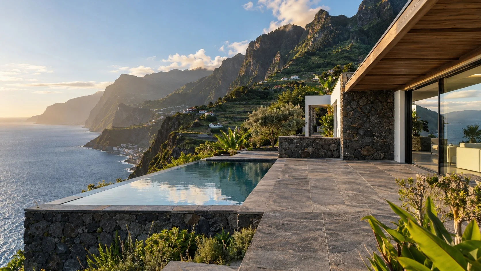 A modern villa framed by Madeira's green mountains and the Atlantic.