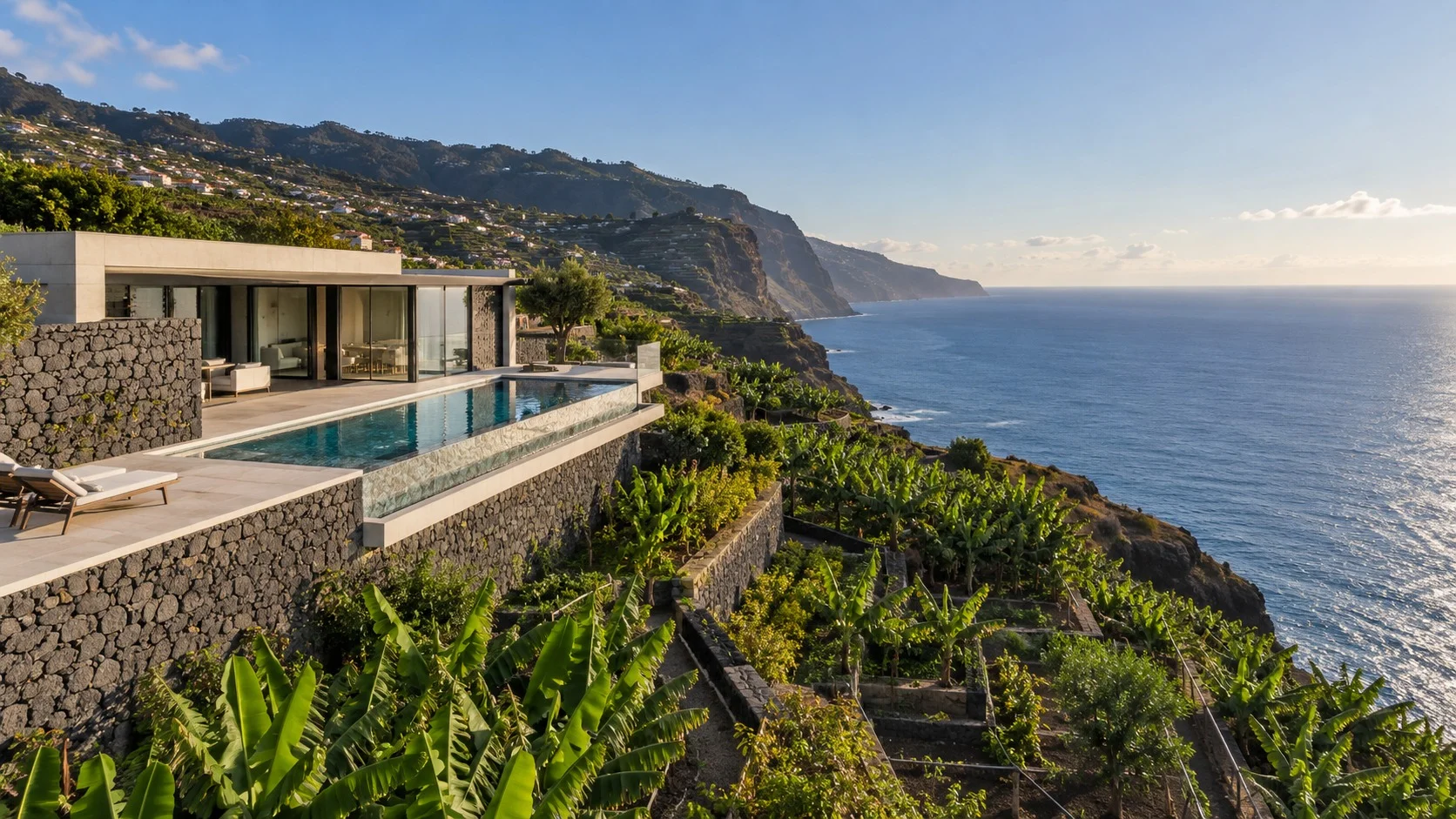 A precise modern villa with a lap pool on Madeira's south-west coast.