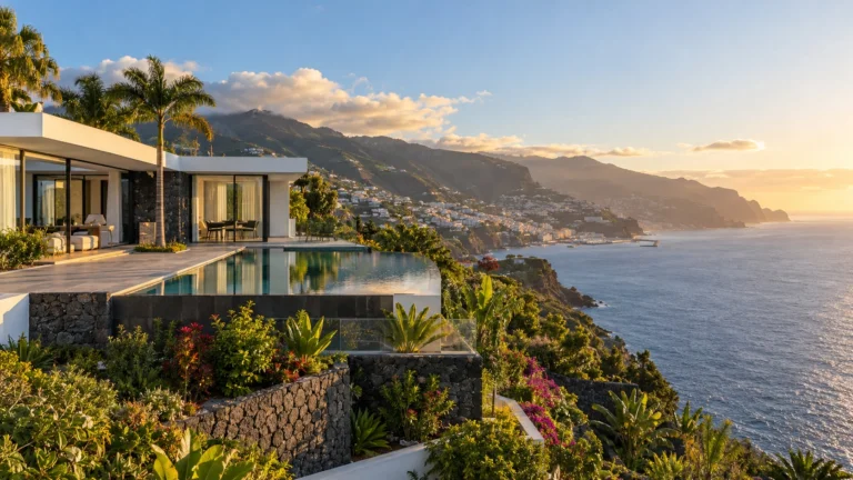 A contemporary clifftop villa above the Atlantic on Madeira's south coast at golden hour.