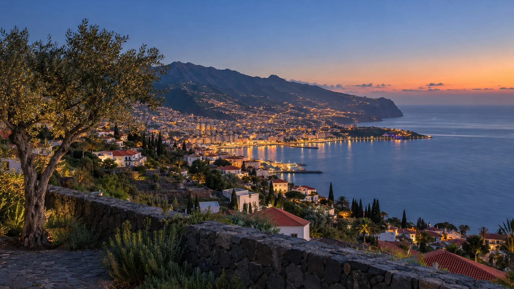 Funchal's bay at dusk seen from a hillside terrace.