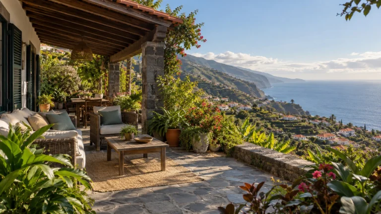 A shaded veranda overlooking terraced hillsides and the Atlantic in Madeira.