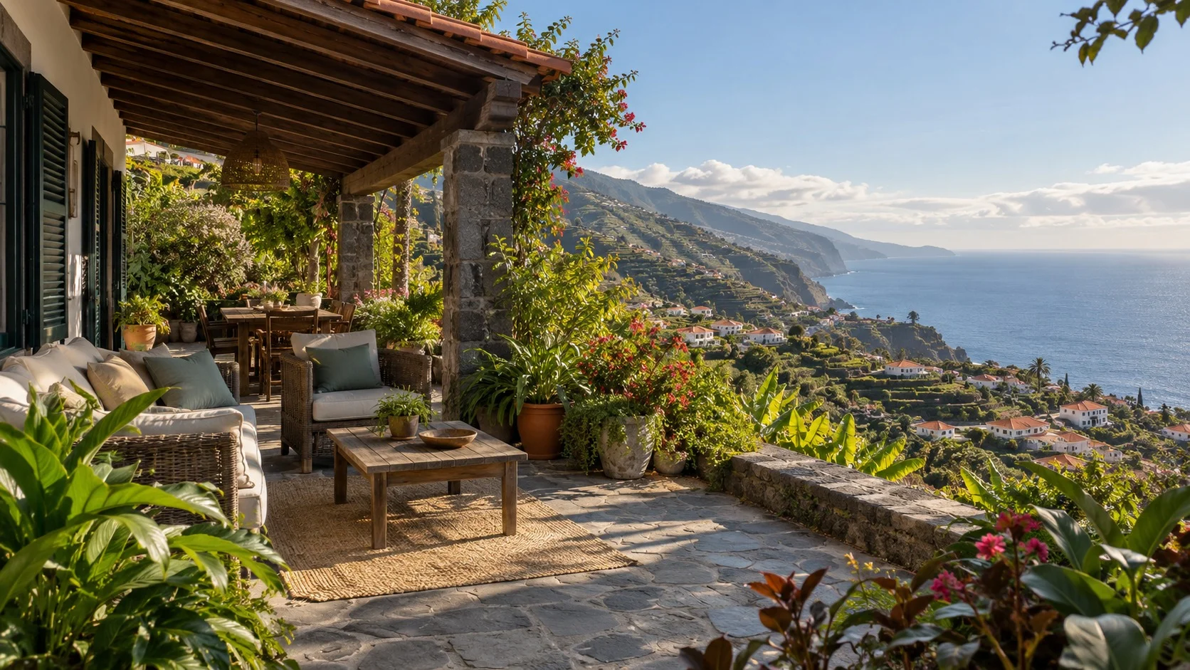 A shaded veranda overlooking terraced hillsides and the Atlantic in Madeira.