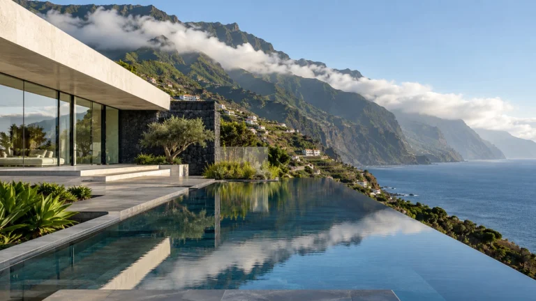 A minimalist villa with a reflecting pool on a Madeira hillside.