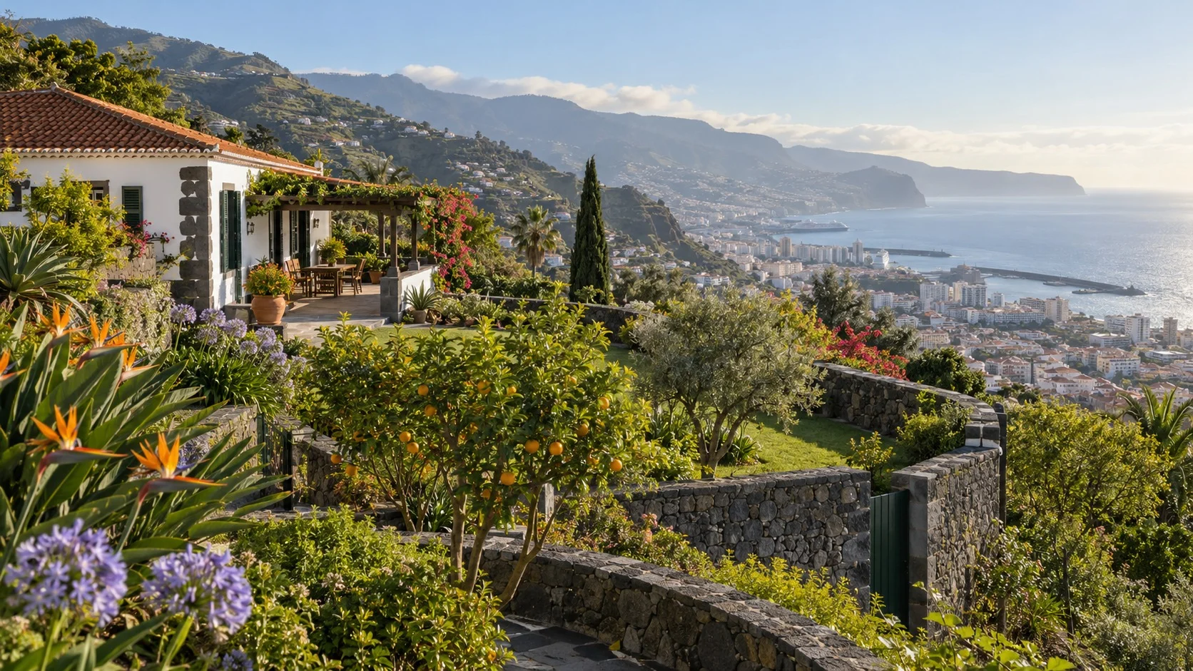 A family villa with a garden in the hills above Funchal in morning light.